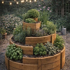 Puede incluir: Un jardín de hierbas de madera en varios niveles, con diversas hierbas verdes y flores moradas. El jardín está construido con tablones de madera curvados y descansa sobre un lecho de pequeñas piedras. Luces de cadena en el fondo.