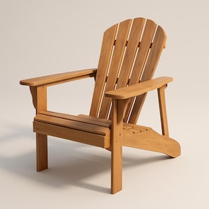 May include: A wooden Adirondack chair with a natural finish. The chair features a slatted back and seat, wide armrests, and a curved top. The chair is designed for outdoor use and relaxation.