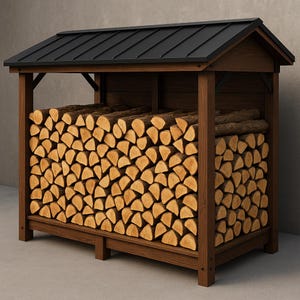 Può includere: Un deposito per legna da ardere in legno con un tetto in metallo nero. Il deposito è pieno di tronchi spaccati impilati ordinatamente, che mostrano la venatura e il colore naturale del legno. La struttura è in legno marrone scuro, offrendo una soluzione di stoccaggio rustica e organizzata.