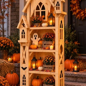 May include: A tall, light-colored wooden shelving unit shaped like a haunted house with four levels. It features cutouts of ghosts and bats, and is decorated with orange chrysanthemums, various pumpkins, and black lanterns with glowing candles.