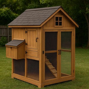 以下が含まれることがあります： 茶色の屋根瓦、小さな窓、金網パネルを備えた木製の鶏小屋。 小屋には小さなサイドの巣箱と内部に通じるスロープがあります。 芝生の上に置かれています。
