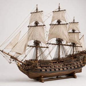 May include: A detailed wooden model of a tall ship with multiple masts and sails. The ship features intricate carvings, a dark hull, and light-colored sails. It is displayed on a wooden stand, showcasing the craftsmanship of the model.