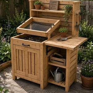 May include: A wooden potting bench featuring a soil bin with a metal mesh sifter, a lower cabinet with a black handle, and an open side shelf. A sign reads COMPOST REDUCE REUSE RECYCLE. Includes a metal watering can, a wooden crate, and garden tools.