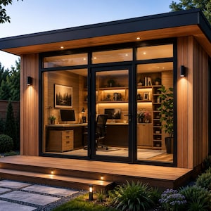 May include: A modern backyard office pod featuring vertical cedar wood siding, a flat roof, and a large glass front with black frames. The interior includes a desk, office chair, shelving units, and warm lighting, accessible via a wooden deck.