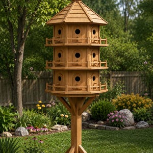May include: A tall, three-storey wooden birdhouse with a hexagonal structure, featuring multiple arched entry holes on each level, small railed balconies, and a pointed roof, all supported by a sturdy central post with a wide, stable base.
