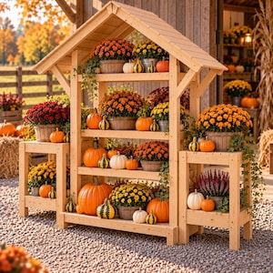 Peut inclure: Un présentoir à étages en bois avec un toit à pignon, doté de plusieurs étagères remplies de chrysanthèmes en pot orange, jaunes et rouges, de diverses citrouilles orange et de petites courges décoratives dans un cadre rustique.