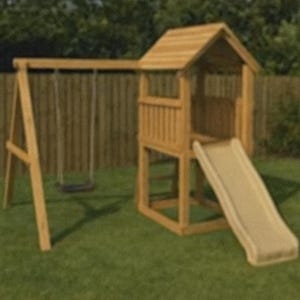 May include: A wooden playset with a swing set and a playhouse with a slide. The playset is made of light brown wood and is set on a green lawn. The swing set has two swings, and the playhouse has a small roof.
