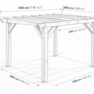 May include: A wooden pergola with a slatted roof, supported by four square posts. The structure is 300 cm (118 1/8") wide and long, and 240 cm (94 1/2") high. The design includes diagonal supports for added stability. Ideal for outdoor spaces.