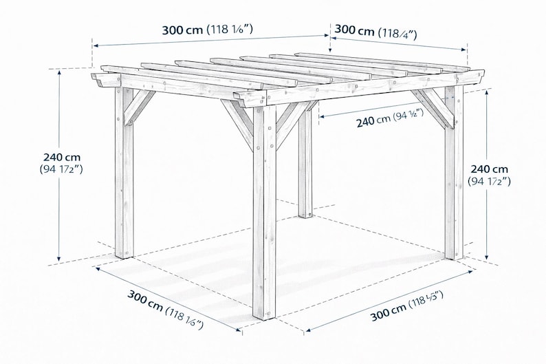 May include: A wooden pergola with a slatted roof, supported by four square posts. The structure is 300 cm (118 1/8") wide and long, and 240 cm (94 1/2") high. The design includes diagonal supports for added stability. Ideal for outdoor spaces.