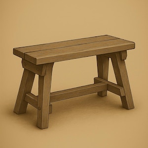 Może przedstawiać: Drewniana ławka ogrodowa z napisem "GARDEN BENCH" powyżej. Ławka wykonana jest z jasnobrązowego drewna i ma prosty design z listwowym siedziskiem i skośnymi nogami. Ławka ma około 91 cm długości.