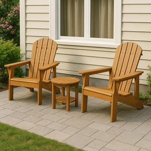 May include: Two wooden Adirondack chairs and a small round side table. The chairs have wide armrests and slatted backs. The table has a lower shelf. All pieces are made of light brown wood and are set on a gray stone patio.