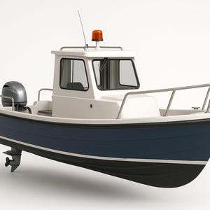 Puede incluir: Una pequeña lancha motora azul y blanca, con cabina y motor fueraborda. El barco tiene un casco negro, una cabina blanca y una barandilla plateada. Una luz naranja está montada en el techo de la cabina. Diseñado para uso recreativo.