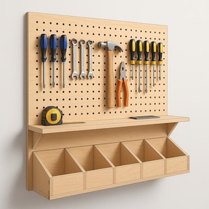 May include: A wooden pegboard displaying a selection of tools: screwdrivers, spanners, a hammer, pliers, and a tape measure. It includes a shelf and five storage bins, perfect for a workshop or garage, all in a light wood finish.