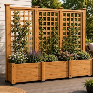 May include: A large rectangular wooden planter box with an integrated three-panel lattice trellis. The natural light brown wood structure features horizontal planks on the base and a grid pattern on the trellis, filled with various green plants.
