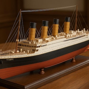 以下が含まれることがあります： タイタニック号の木製模型。4本の茶色の煙突、赤い喫水線を持つ黒い船体、船首には「タイタニック」の文字が特徴です。濃い木製の台座に取り付けられています。