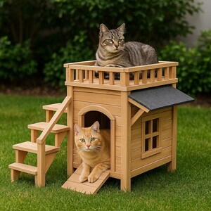 May include: A wooden cat house with a small staircase, a balcony, and a small roof. Two cats are in the house, one inside and one on the balcony. The house is made of light-colored wood and sits on green grass.