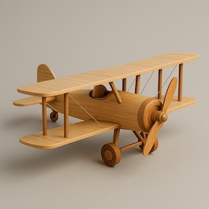 May include: A wooden biplane toy with a light brown finish. The toy features two wings, a propeller, and a small cockpit. The biplane has a classic design with wheels and support struts. The wooden toy is a classic children's toy.