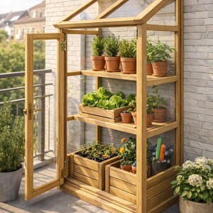 Könnte beinhalten: Ein Holzgewächshaus mit Glasscheiben und Regalen, gefüllt mit Topfpflanzen und Holzkästen. Die Struktur ist offen, mit einer offenen Tür, und steht vor einer Backsteinmauer. Ideal für die Gartenarbeit und den Anbau von Pflanzen.