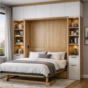 May include: A modern, built-in bed frame with a wooden headboard and storage cabinets. The bed is made with a light-colored wood frame and white bedding. The design includes side bookshelves and overhead storage, creating a space-saving bedroom set.