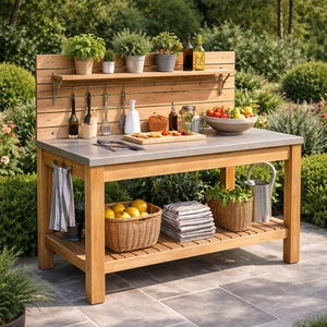 Puede incluir: Isla de cocina exterior de madera con encimera gris, estante inferior y respaldo de listones. Cuenta con hierbas en macetas, utensilios, botellas y cestas de limones y productos. Una toalla cuelga a un lado, en un jardín.