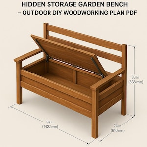 Può includere: Una panca da giardino in legno con un vano portaoggetti nascosto. La panca è lunga 142 cm, profonda 61 cm e alta 84 cm. Il coperchio della panca è aperto, rivelando lo spazio di archiviazione. Il testo in alto recita: "HIDDEN STORAGE GARDEN BENCH - OUTDOOR DIY WOODWORKING PLAN PDF."