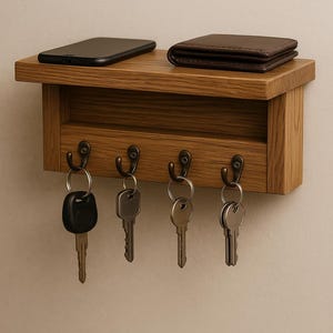 Pode incluir: Suporte de chaves de madeira com prateleira, com um smartphone preto e uma carteira castanha. Abaixo, quatro ganchos de metal seguram chaves. A madeira tem um tom quente, o design é simples e funcional.
