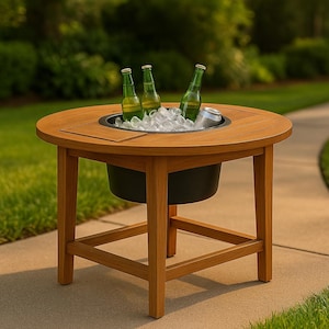 May include: A round wooden outdoor table with a built-in cooler. The table has a light brown finish and a black cooler insert filled with ice, three green bottles, and a silver can. The table is on a concrete patio.