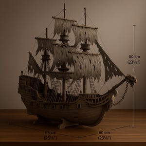 Op de afbeelding: Gedetailleerd houten model van een piratenschip, ongeveer 60 cm hoog en 65 cm lang. Het schip heeft gescheurde zeilen, meerdere masten en een drakenfiguur. Het model is bruin en staat op een houten oppervlak.