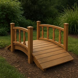 Könnte beinhalten: Eine kleine Gartenbrücke aus Holz mit geschwungenem Design. Die Brücke besteht aus hellbraunem Holz und verfügt über ein Lattenrost und dekorative Geländer. Die Brücke befindet sich in einem Garten mit grünem Gras und Laub.