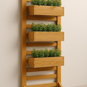 May include: A wooden vertical planter with three rectangular boxes filled with green plants. The planter is made of light brown wood and has a ladder-like design. The planter is free-standing and suitable for a patio or garden.