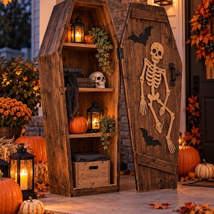 May include: A tall, wooden coffin-shaped shelving unit with an open door. The door features a light-colored wooden skeleton cutout and two black bat silhouettes. The shelves hold lanterns, a skull, pumpkins, and greenery.