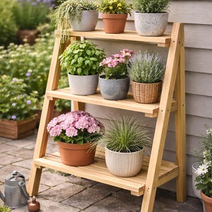 Pode incluir: Um suporte de plantas de madeira com três níveis, exibindo várias plantas em vasos. As plantas incluem variedades floridas e ervas, em vasos de terracota, cerâmica e vime. O suporte é feito de madeira clara e está montado ao ar livre em um pátio de tijolos.