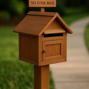 May include: A wooden mailbox with a house-like design, mounted on a post. The mailbox is a warm brown color and features a small door with a knob. A sign above reads "NO JUNK MAIL".