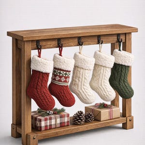 以下が含まれることがあります： フックに吊るされた5つのクリスマスストッキングが付いた木製のコンソールテーブル。ストッキングは赤、クリーム、緑で、白いフェイクファーのトリムが付いています。プレゼントと松ぼっくりが下の棚にあります。