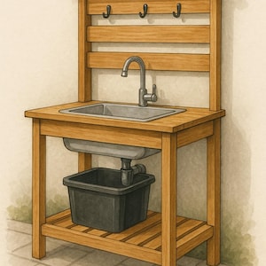 May include: A wooden potting bench with a stainless steel sink and faucet. The bench has a shelf, a back with three hooks, and a black plastic bin underneath. The wood has a natural finish.