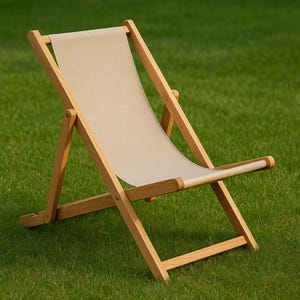 Puede incluir: Una silla de cubierta plegable de madera con un asiento de lona beige. La silla está hecha de madera de color claro y está colocada sobre un césped verde. La silla está diseñada para la relajación al aire libre.