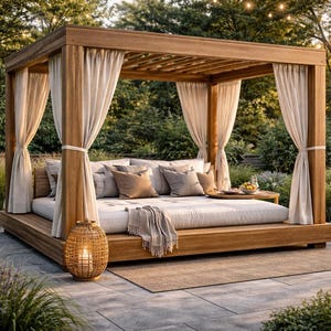May include: A wooden outdoor daybed with a canopy, draped with cream-colored curtains. The bed is furnished with pillows and a blanket. Two decorative lanterns with glowing lights are on either side of the bed. The scene is set in a garden.