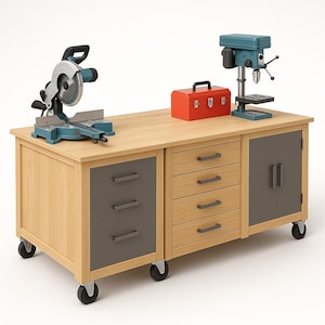 May include: A light wood workbench with a teal miter saw, a red toolbox, and a teal drill press. The workbench has gray drawers and a cabinet, and it sits on wheels for mobility. The workbench is designed for woodworking.