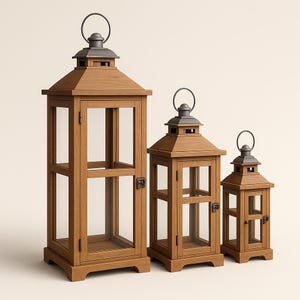 Peut inclure: Trois lanternes en bois de différentes tailles. Chaque lanterne a une forme rectangulaire avec des panneaux de verre, une porte à charnière et un dessus en métal avec une poignée. Les lanternes sont de couleur marron chaud, adaptées à la décoration intérieure ou extérieure.