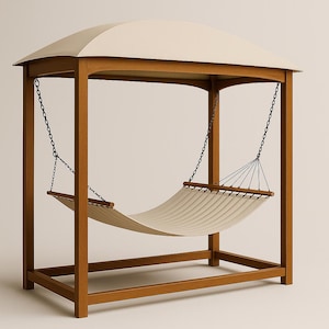 May include: A wooden framed hammock with a cream-colored canopy. The hammock is suspended by chains and has a cream-colored, striped fabric. The frame is made of light brown wood. The canopy is a light beige color.