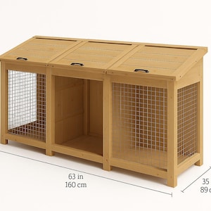 May include: A wooden outdoor storage unit with three compartments, each with a hinged lid and wire mesh sides. The unit is 63 inches long, 35 inches high, and made of light-colored wood.