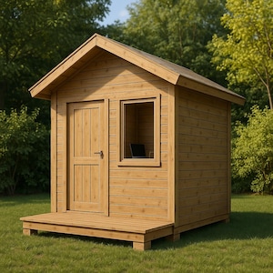 May include: A small, wooden shed with a gabled roof, door, and window. The shed is constructed of light-colored wood and sits on a small deck. A laptop is visible inside the window. The shed is surrounded by green grass and trees.