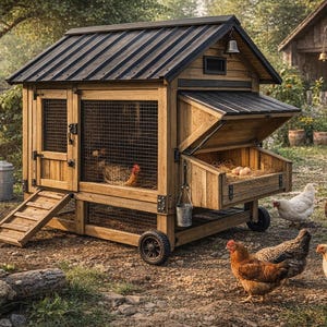 May include: A wooden chicken coop with a black metal roof, wheels, and a ramp. Several chickens and a rooster are in the yard. The coop has a nesting box with eggs.