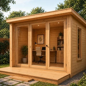 May include: A wooden garden office or shed with a deck. The structure features large glass doors and windows, a desk, chair, and bookshelves inside. The exterior is surrounded by greenery and a wooden fence.