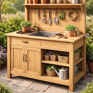 May include: A wooden potting bench with a built-in metal sink, shelves, and a top shelf with hanging gardening tools. The bench is filled with potted plants, gardening tools, and baskets, perfect for outdoor gardening.