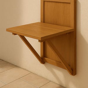 Könnte beinhalten: Ein hölzerner, an der Wand befestigter Klapptisch. Der Tisch ist hellbraun und hat eine quadratische Tischplatte. Der Tisch wird von zwei abgewinkelten Holzstützen getragen. Der Tisch ist an einer hellbeigen Wand befestigt.