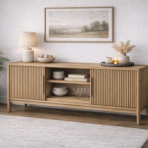 Könnte beinhalten: Ein Sideboard aus hellem Holz mit vertikal gerillten Türpaneelen und offenen Regalen. Das Möbel ist mit dekorativen Gegenständen belegt, darunter eine Lampe, Schalen und ein Tablett mit Kerzen. Über dem Sideboard hängt ein Landschaftsbild.