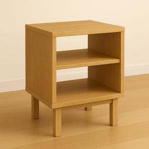 May include: A light brown wooden nightstand with two shelves and four legs. The nightstand has a simple, modern design and is made of wood. The shelves are open, and the legs are square. The nightstand is a neutral color and would fit in any bedroom.