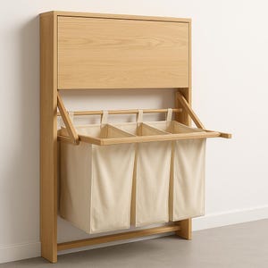 Könnte beinhalten: Ein wandmontierter Wäschekorb aus Holz mit drei Segeltuchtaschen. Der Sortierer hat einen oberen Schrank und einen Klapprahmen, der die Taschen hält. Das Holz hat eine helle, natürliche Oberfläche und die Taschen sind cremefarben. Ideal für die Wäscheorganisation.