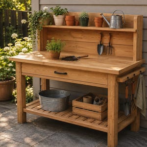 Könnte beinhalten: Ein hölzerner Pflanztisch mit Regal, Schublade und unterem Stauraum. Er verfügt über einen verzinkten Metalleimer, eine Holzkiste und verschiedene Gartengeräte. Mehrere Topfpflanzen und eine Gießkanne sind ebenfalls zu sehen.